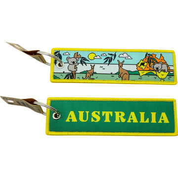 Two keychains with Australian-themed designs on a white background.