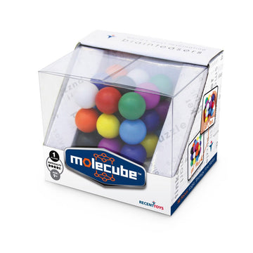 A cube puzzle with nine coloured spheres on each side inside a clear box.