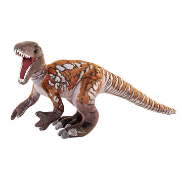 A dinosaur shaped soft toy in shades of brown.