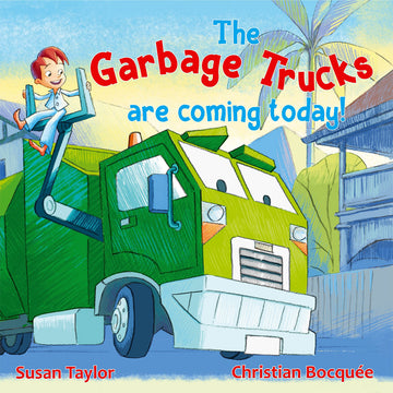 'The Garbage Trucks are Coming Today!' book cover featuring an illustration of a child ridding on the side of a garbage truck.