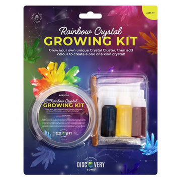 A crystal growing kit attached to a colourful card titled 'Rainbow Crystal Growing Kit'.