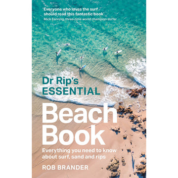 'Dr Rip's Essential Beach Book' book cover featuring a top down view of a beach with surfers in the water.