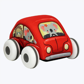 A fabric toy in the shape of a red car illustrated with a koala driving and an echidna in the back seat.