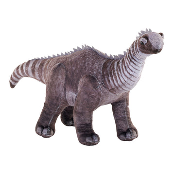 A dinosaur shaped soft toy in shades of brown.