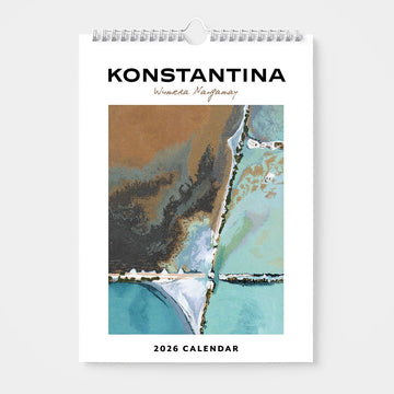 2026 calendar with artwork by Konstantina on a white background.