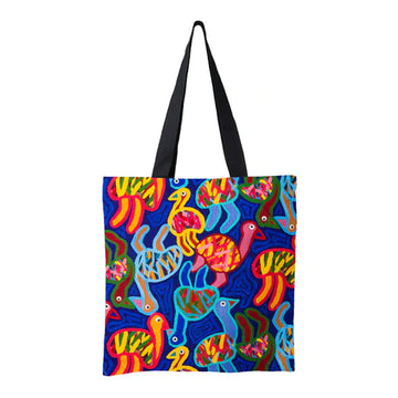 A tote bag illustrated with colourful emus and black handles.