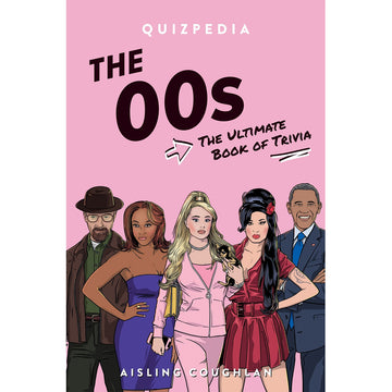 '00s Quizpedia The Ultimate Book of Trivia' book cover featuring a pink background with five illustrations of celebrities including Paris Hilton and Barak Obama.