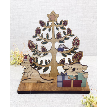 Wooden Christmas tree decoration with kangaroo and koala design on a white background