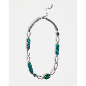 Necklace with green and silver links on a white background.