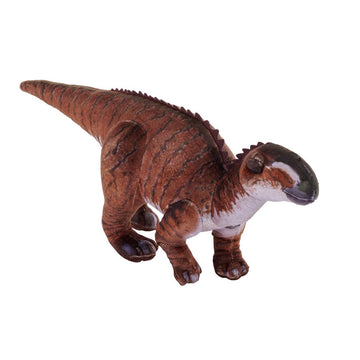 A dinosaur shaped soft toy in shades of brown.