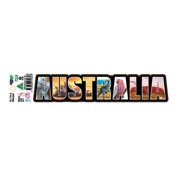 Sticker with 'AUSTRALIA' text featuring various landscapes on a white background.