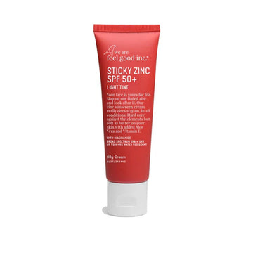 A red tube with the heading 'Sticky Zinc SPF 50+ Light Tint' followed by a product description.