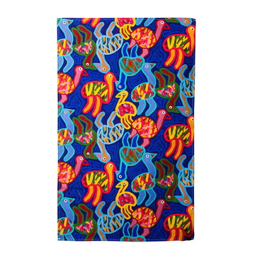A cotton tea towel laying flat illustrated with colourful emus.