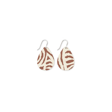 A pair of tear drop shaped drop earrings printed with brown artwork by Murdie Morris.