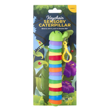A colourful caterpillar keychain attached to a card illustrated with plants and ladybugs.