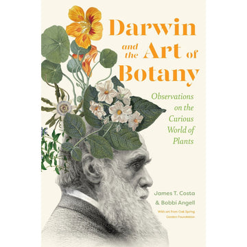 'Darwin and the Art of Botany' book cover featuring a black and white illustration of Charles Darwin with coloured leaves and flowers on top of his head.
