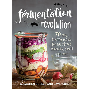 'Fermentation Revolution' book cover featuring a photo of a clear jar filled with vegetables.