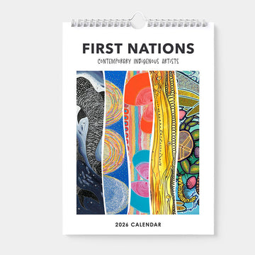 Calendar titled 'First Nations: Contemporary Indigenous Artists' with colorful Indigenous artwork on a white background.