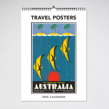 Front view of a calendar titled 'Travel Posters' with an illustration of three yellow fish underwater with three palm trees on the surface.