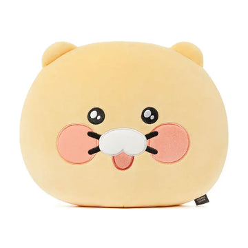 Yellow plush toy with a cartoon face on a white background.