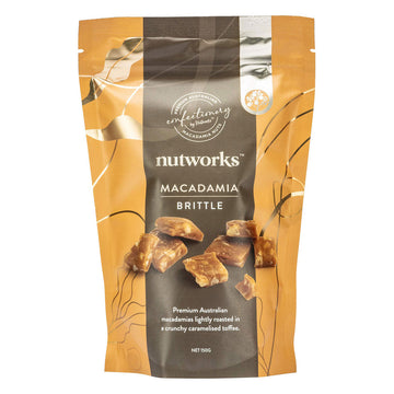 An orange and brown packet with the heading 'Nutworks Macadamia Brittle' and a photo of some macadamia brittle pieces.
