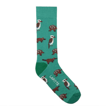 An image of a pair of green sock with a kookaburra, platypus and an echidna on them.