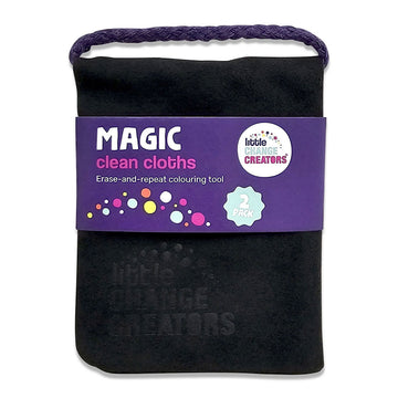 A black bag with a product label around the middle with the text 'Magic Clean Cloths'.