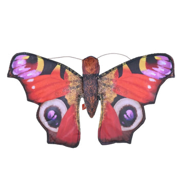A butterfly shaped soft toy in red and purple.
