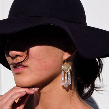 A pair of drop earrings with a gold hexagon shape with three long tear drops hanging below.