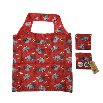 Red reusable shopping bag with koala pattern on a white background.