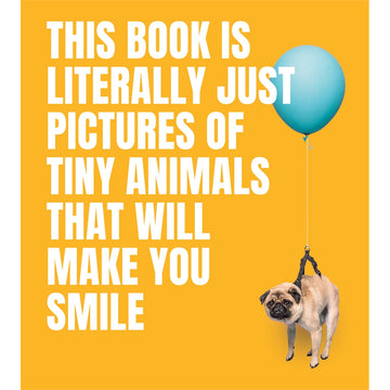 'This Book is Literally Just Pictures of Tiny Animals That Will Make You Smile' book cover with a balloon attached to a pug on an orange background.