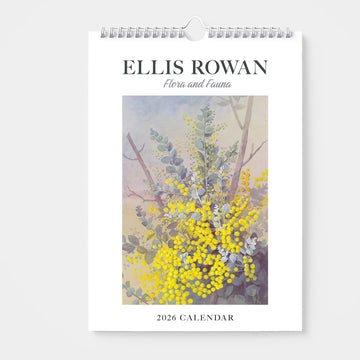Front of a calendar with a floral design by Ellis Rowan on a white background.