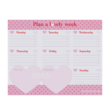A planning pad titled 'Plan a Lovely Week' with sections for each day in a heart theme.