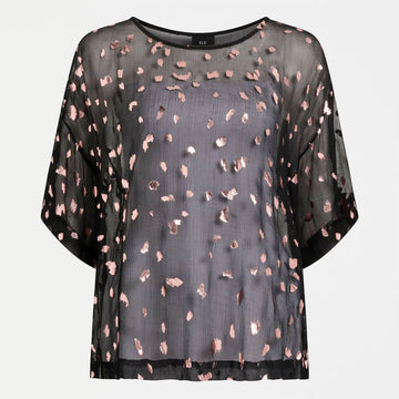 A black sheer women's top with gold foil accents.