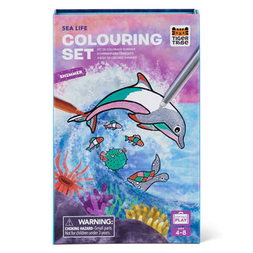 Front cover of a box titled 'Sea Life Colouring Set' with an illustration of a dolphin being coloured in.