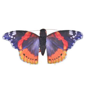 A butterfly shaped soft toy in red, purple and orange.