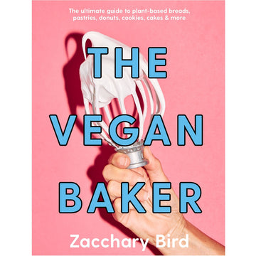 'The Vegan Baker' book cover featuring a hand holding a mixer covered with cream against a pink background.