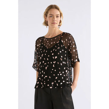 A black sheer women's top with gold foil accents.