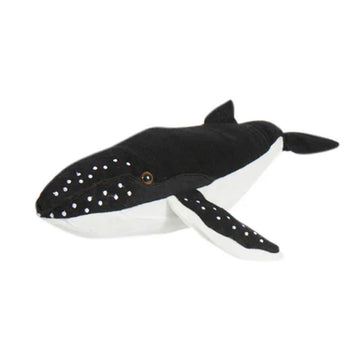 Plush whale toy with black and white coloring on a white background.