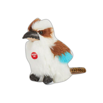 Plush toy shaped like a kookaburra with a red tag on a white background.