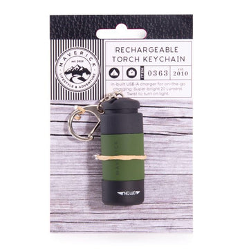 A small torch in green and black attached to a card titled 'Rechargeable Torch Keychain'.