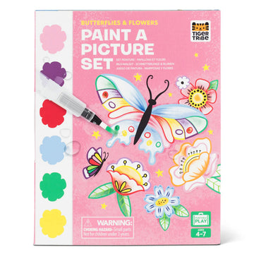 A box titled 'Butterflies & Flowers Paint a Picture Set' with an illustration of butterflies and lowers being coloured in.
