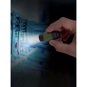 A small torch in green and black attached to a card titled 'Rechargeable Torch Keychain'.