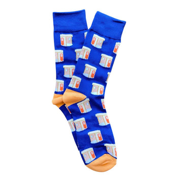 A pair of blue socks illustrated with Canberra bus shelters.