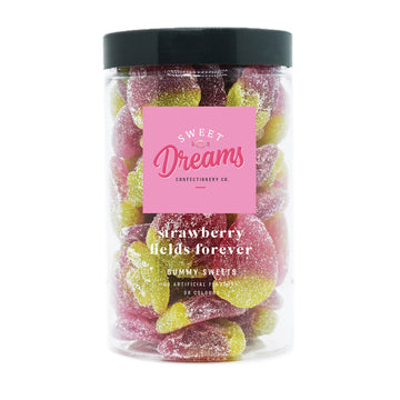 A clear jar filled with gummy sweets and the heading 'strawberry fields forever'.