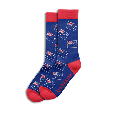 Blue socks with Australian flag pattern and 'Australia' text on a white background.