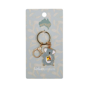 A keyring with a koala shaped charm holding a jar of vegemite attached to a card.