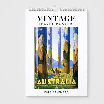 Calendar front cover with vintage travel poster design featuring Australia, on a white background.