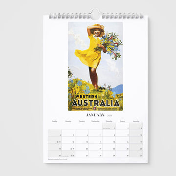 Calendar front cover with vintage travel poster design featuring Australia, on a white background.