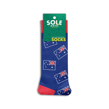 Blue socks with Australian flag pattern and 'Australia' text on a white background.